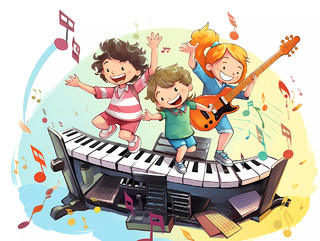 艺术教育钢琴培训班招生卡通人物演奏钢琴弹吉他场景